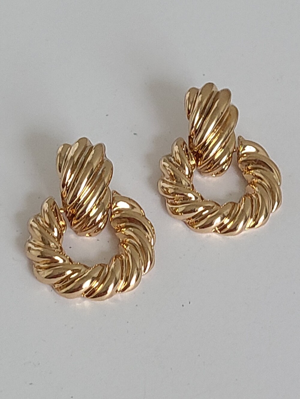 Vintage Retro Gold Tone Chunky Twisted Rope Door Knocker Drop Clip On Earrings